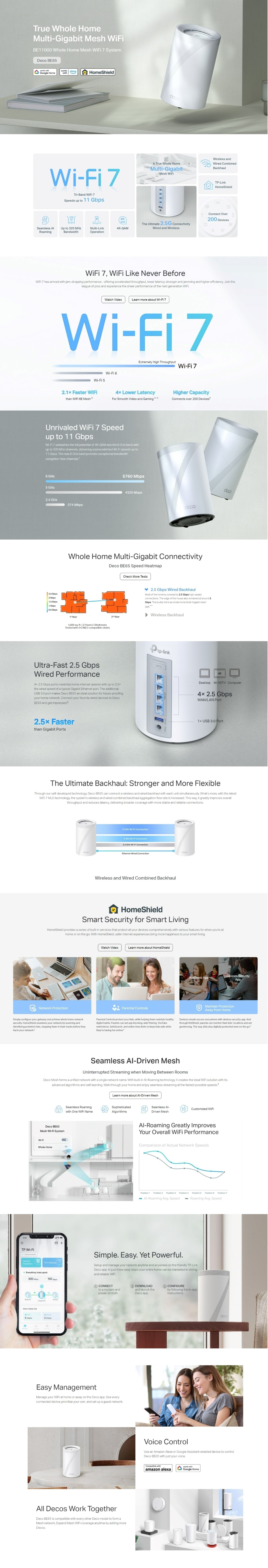 Tp-Link Deco BE65 BE11000 Whole Home Mesh WiFi 7 System (Tri-Band) (1-Pack)  / (2