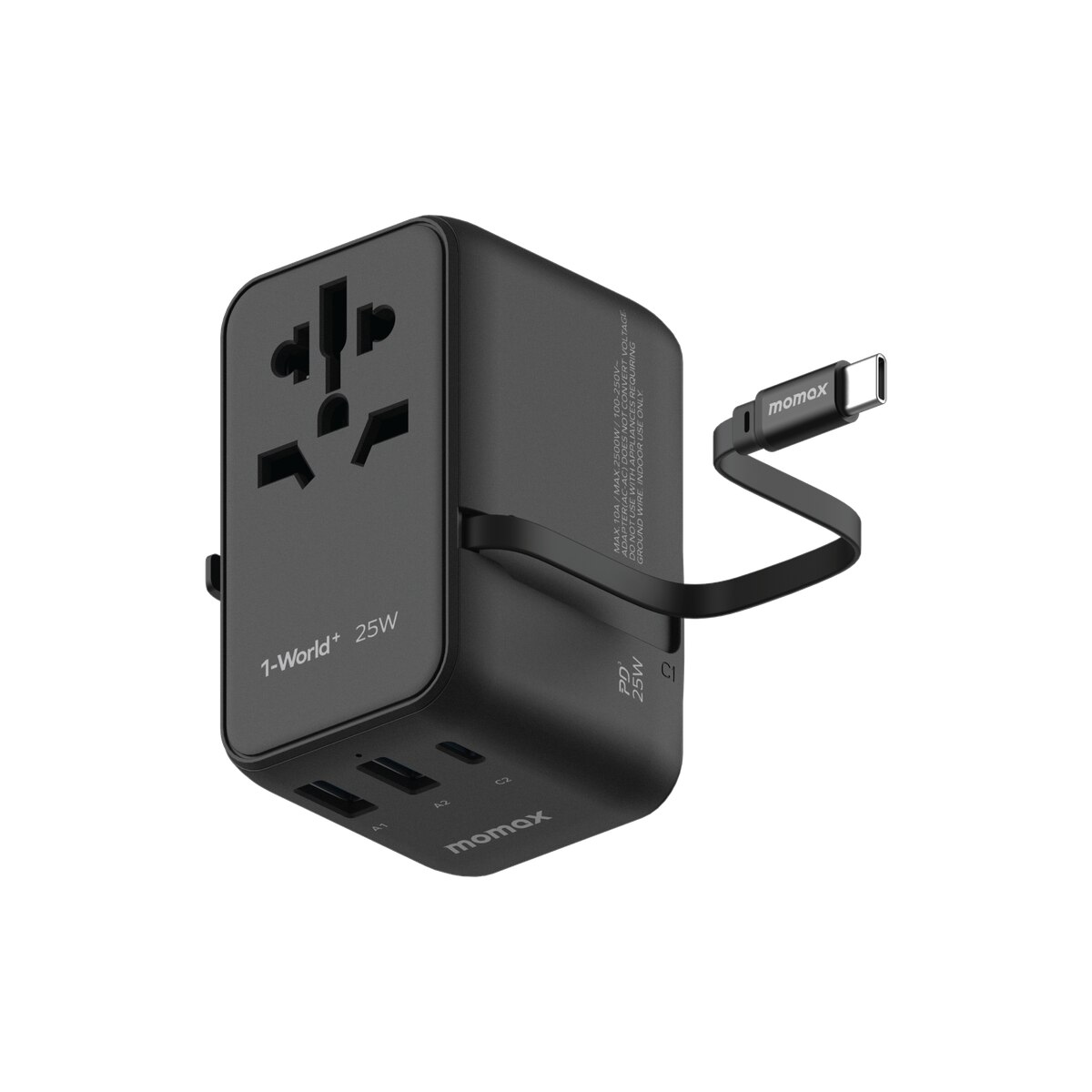Momax 1-World+ 25W 3插口內建USB-C充電線AC旅行充電插座